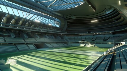 Fototapeta premium Impressive Indoor Sports Stadium With Green Field And Illuminated Seating