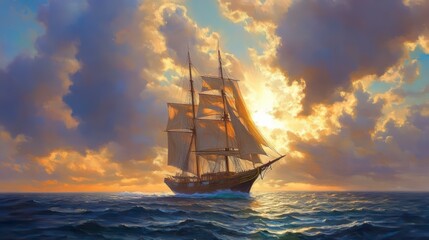 Obraz premium A majestic three-masted sailing ship sailing in the open ocean towards the sun. Impressionism, oil painting