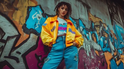 Fototapeta premium Back in time 90s Stylish girl in retro jacket and vintage clothing