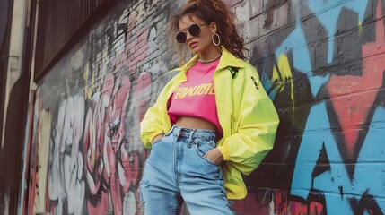 Fototapeta premium Back in time 90s Stylish girl in retro jacket and vintage clothing