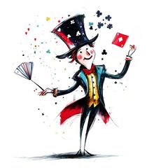 Magician with top hat and wand performing magic trick with playing cards