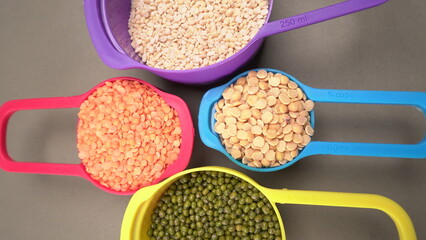 Assorted different types of beans and cereals grains. Set of indispensable sources of protein for a healthy lifestyle. Everyday use at Indian households.