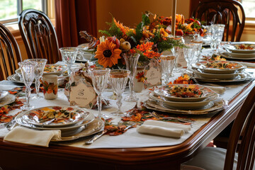Fototapeta premium A Thanksgiving table set for a large family gathering, with place settings for each guest, including name cards, napkins, and autumn-themed dishes, capturing the anticipation of the meal