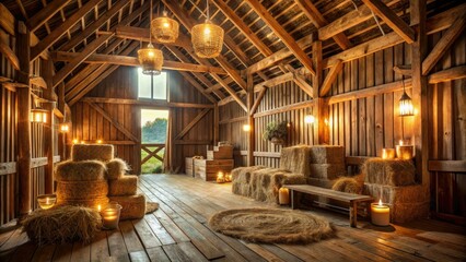 Fototapeta premium A tranquil abode where rustic charm meets sacred ambiance, wooden beams bearing the weight of devotion, softly illuminated hay bales and troughs exuding warmth.