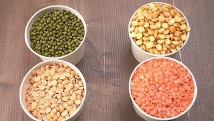Assorted different types of beans and cereals grains. Set of indispensable sources of protein for a healthy lifestyle. Everyday use at Indian households.