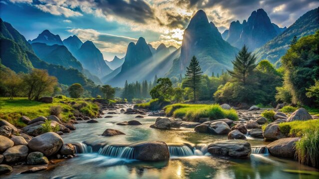 A tranquil mountain scene, with a gentle stream meandering through, embodies the calming principles of Lao Tzu's wisdom.