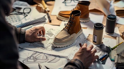 Fototapeta premium Write about the journey of a shoe designer exploring the artistry behind creating a signature footwear collection, from sketching initial concepts to selecting materials and overseeing production.