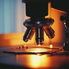 Close-up shot of a microscope focusing on a glass slide under warm lighting.