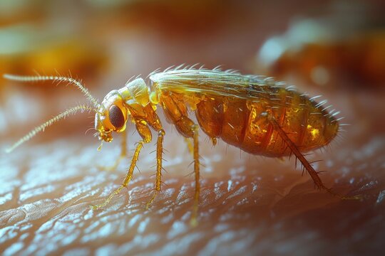 Close-up view of a flea on skin, showcasing intricate details and textures.