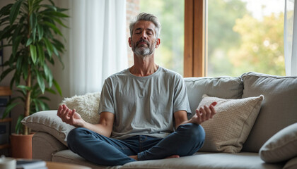 Fototapeta premium Mature peaceful man relaxing, meditating at home, reduce stress seated on couch, enhance self-awareness and mindfulness, boost emotional well-being, method to enhance spiritual growth and connection