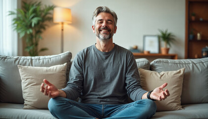 Fototapeta premium Mature peaceful man relaxing, meditating at home, reduce stress seated on couch, enhance self-awareness and mindfulness, boost emotional well-being, method to enhance spiritual growth and connection