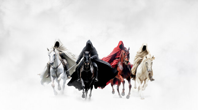 Four Horsemen of the Apocalypse - white for conquest, red for war, black for pestilence or famine, and pale for death. Set against a white background with subtle cloudy sky background.