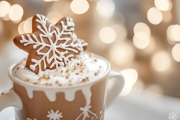 Milk chocolate and coffee latte with a candy cane, topped with whipped cream and red sprinkles on the glass mug.