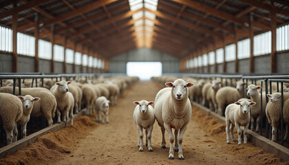Indoor sheep farm scene with a farmer caring for a flock in warm, natural light.






