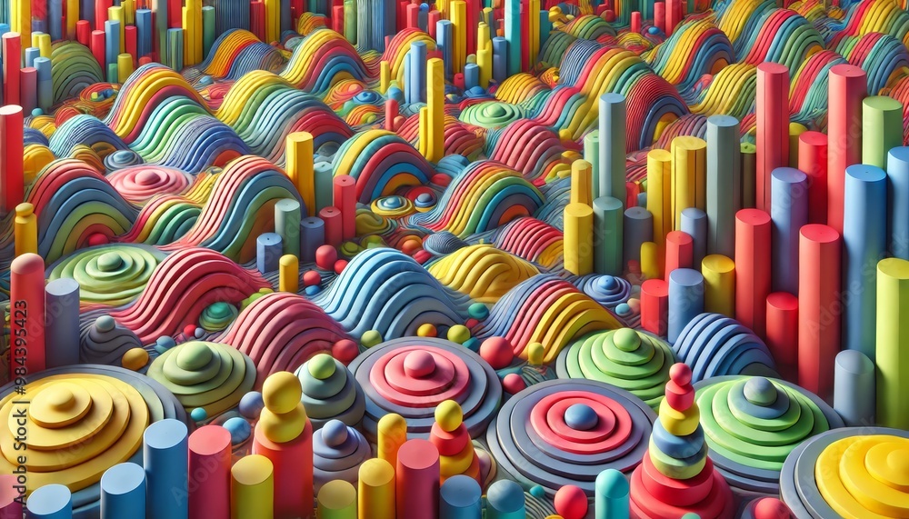 Poster abstract 3d landscape with wavy shapes and colored cylinders creating a sense of relief and depth