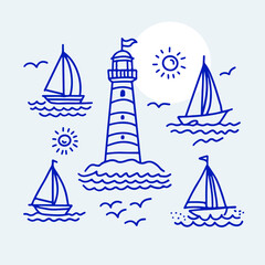 Minimalist vector illustration of a lighthouse with sailboats, sun, and seagulls in a simple line art style. Perfect for maritime themes, nautical decor, and summer designs