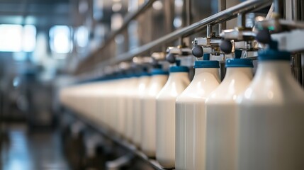 Fototapeta premium Close-up of milk production equipment in action on a large dairy farm,