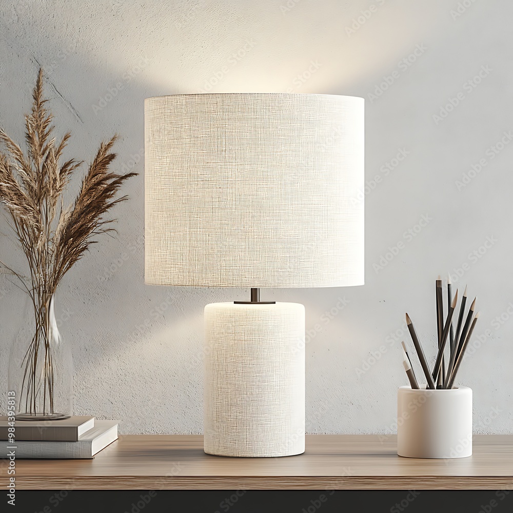 Poster white table lamp with a textured shade on a wooden table with a vase of dried flowers.