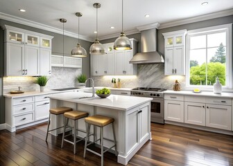 Bright kitchen featuring white shaker cabinets that create a clean and airy look against a modern...