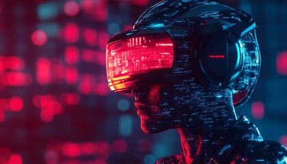 Futuristic Cyberpunk Digital Robot in Metaverse VR Gaming Environment