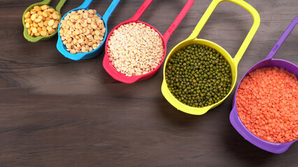 Assorted different types of beans and cereals grains. Set of indispensable sources of protein for a healthy lifestyle. Everyday use at Indian households.
