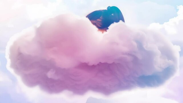 A woman peacefully lying on a fluffy pink cloud in a dreamy, soft sky.