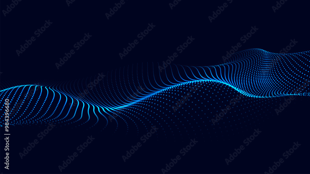 Poster wave of moving dots on an abstract dark background. 3d vector illustration.