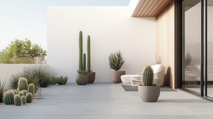 A serene outdoor terrace featuring modern planters with cacti and greenery, ideal for relaxation and contemporary design inspiration.