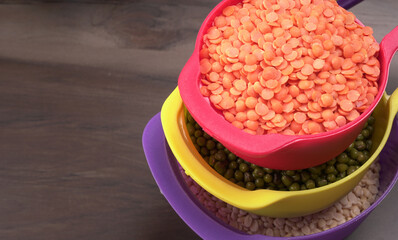 Assorted different types of beans and cereals grains. Set of indispensable sources of protein for a healthy lifestyle. Everyday use at Indian households.