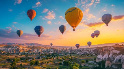 Obraz premium Hot air balloons in bright colors over Cappadocia, Turkey