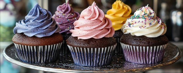 A boutique dark indigo exterior bakery, specializing in gourmet cupcakes and custom cakes, located in a quaint neighborhood