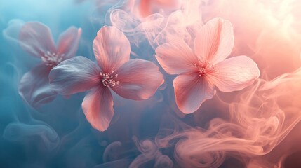 Delicate pink blossoms emerge from a swirling cloud of soft smoke, creating a dreamlike and ethereal scene. .