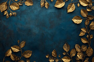 Elegant Art Deco Floral Pattern in Gold on Blue Background