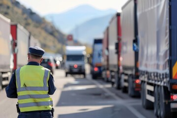 A customs officer blocking trucks at a border checkpoint, border trade restriction, global commerce obstacle