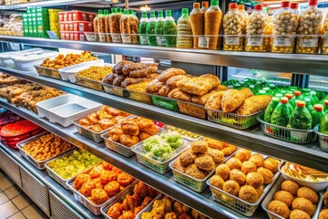 Crunchy Korean fried chicken, steaming rice cakes, and savory noodles mingle with an array of snacks and refreshing drinks on the shelves of a bustling convenience store.