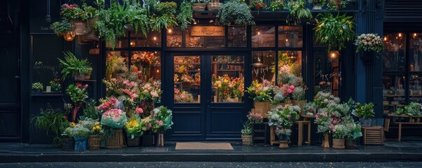A boutique dark indigo exterior flower shop, specializing in exotic arrangements and wedding bouquets, nestled in a vibrant market street