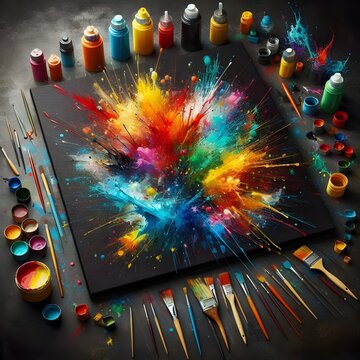 Colorful paints on black canvas, High-resolution artistic setup