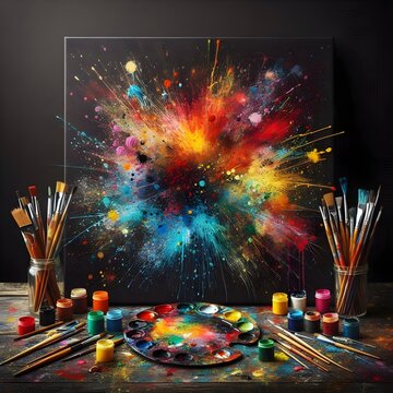 Colorful paints on black canvas, High-resolution artistic setup