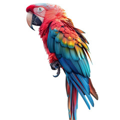 Fototapeta premium A vibrant scarlet macaw parrot stands out against a white background. The bird's bright red, blue, and yellow feathers create a stunning display of color.