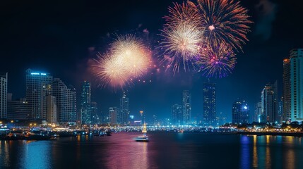 Fototapeta premium Fireworks over a city skyline at midnight