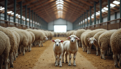 Indoor sheep farm scene with a farmer caring for a flock in warm, natural light.






