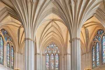 Fototapeta premium Gothic cathedral interior with soaring arches and stained glass windows