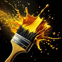 High-resolution paintbrush image
Yellow paint splash on black background
Vibrant yellow paint splash
Dynamic paintbrush with paint
Bright yellow paint and brush
Bold paint splash effect
