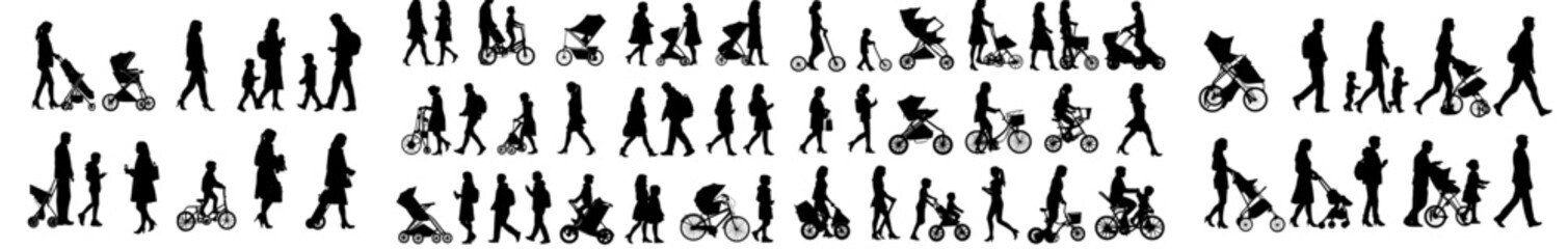 In this collection, black and white silhouettes show families walking and biking. The images reveal diverse interactions, such as parents and children.