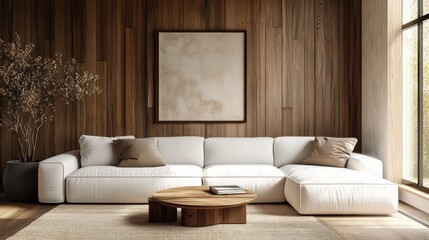 Minimalist living room with a white sectional sofa, a wooden coffee table, and a framed artwork on a wood-paneled wall..