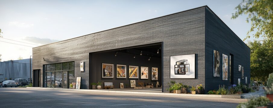 A boutique dark slate grey exterior art studio, providing classes and gallery space for local artists in a rejuvenated industrial area