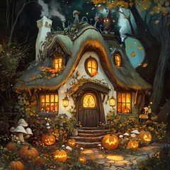 Fototapeta premium Enchanting Witch's Cottage with Thatched Roof Surrounded by Glowing Pumpkins, Magical Creatures, and Mushrooms