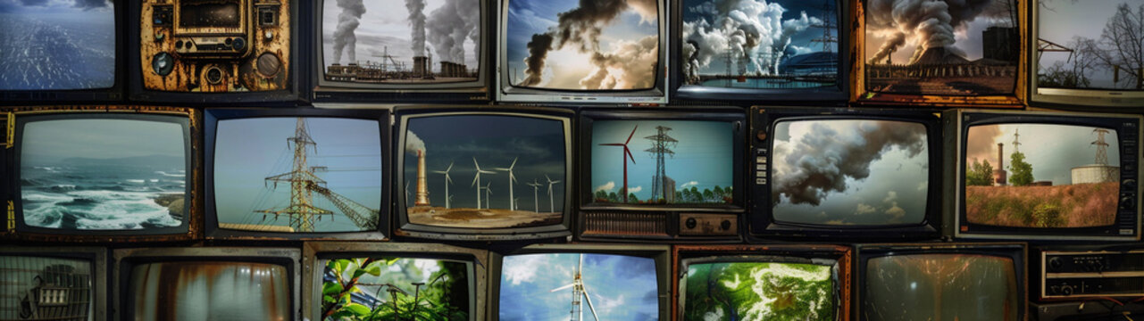 Multimedia images of climate change, global garming, chimneys, smoke, renewable energies on different television screens. Generative AI. Mosaic background.