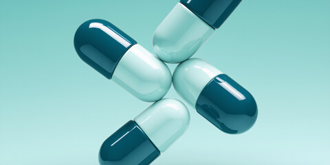A sleek and modern depiction of dark teal and white capsules intersecting artistically against a soft aqua background, representing clean and clinical pharmaceutical design.