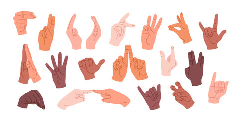 Set of human hands with different gestures and positions. Hands with different skin tones showing rock sign, high five, greeting and other signs. Isolated vector illustrations on a white background.